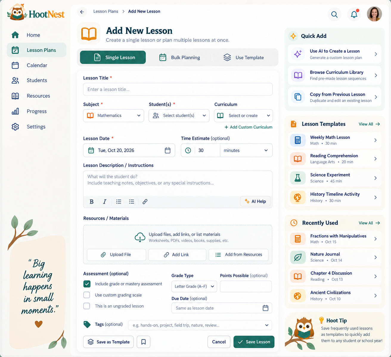 Preview of the Add New Lesson form in HootNest
