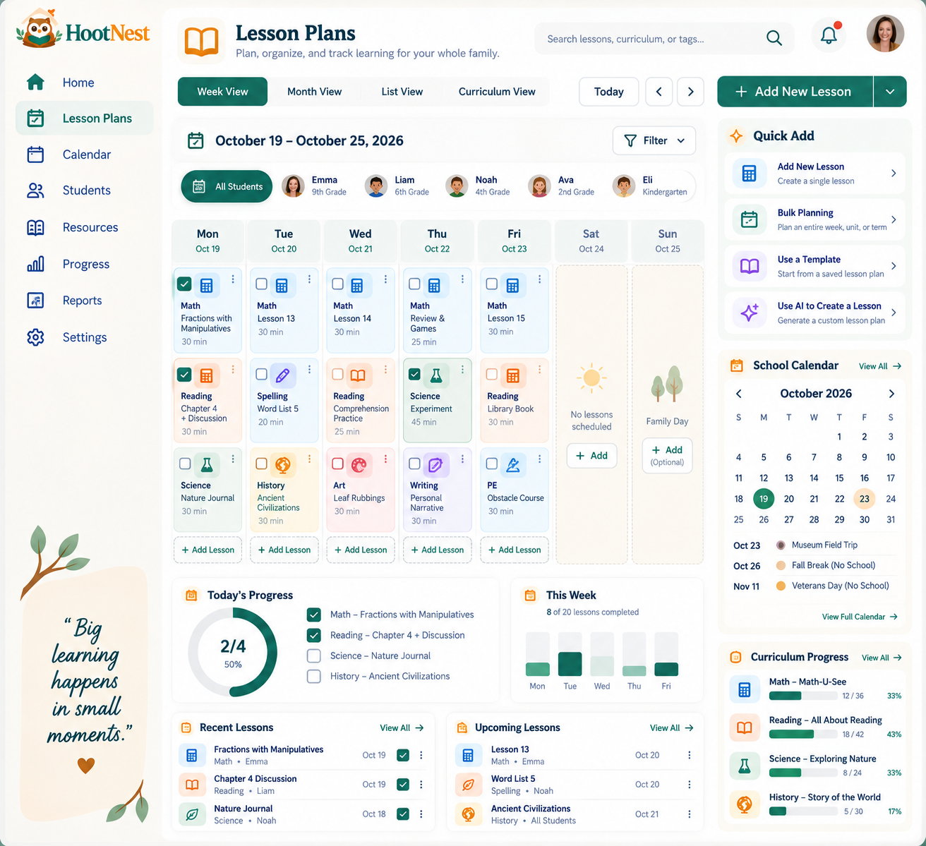 Preview of the HootNest lesson planning dashboard